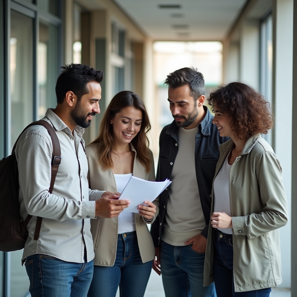 Group of apartment owners in a building common area discussing shared construction defects