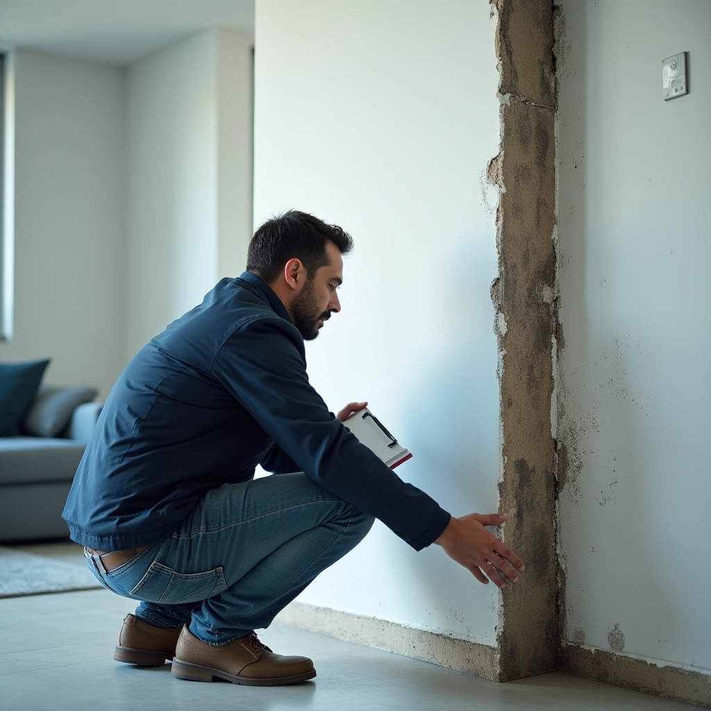 Inspector examining water damage and filtration issues in a new apartment building