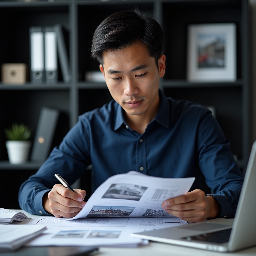 Documentation specialist reviewing technical files and photographs at a desk