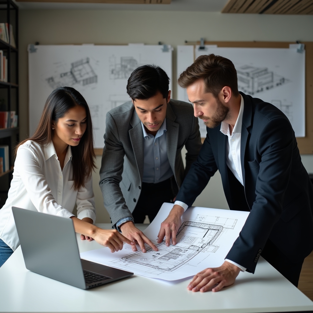 Coordination team reviewing documents and building plans in a professional setting